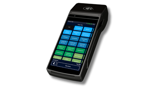 Handheld POS showing table layout and orders